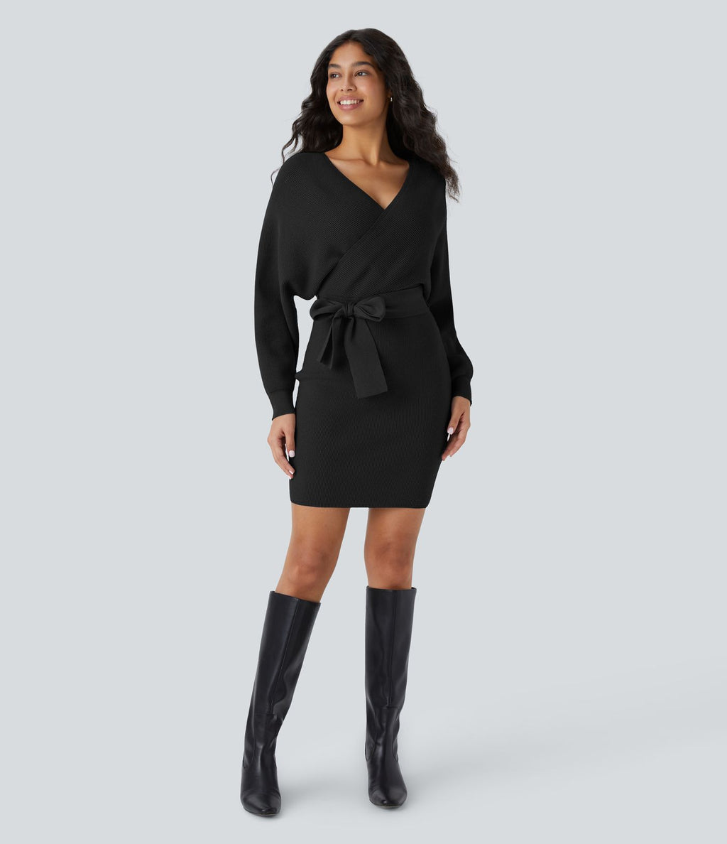 Robe-pull courte décontractée à col V croisé, manches chauve-souris longues et ceinture