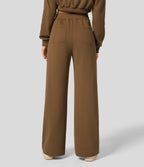 Pantalon Jogging en Fleece Thermique Jambe Droite Boutons Taille Haute Plusieurs Poches