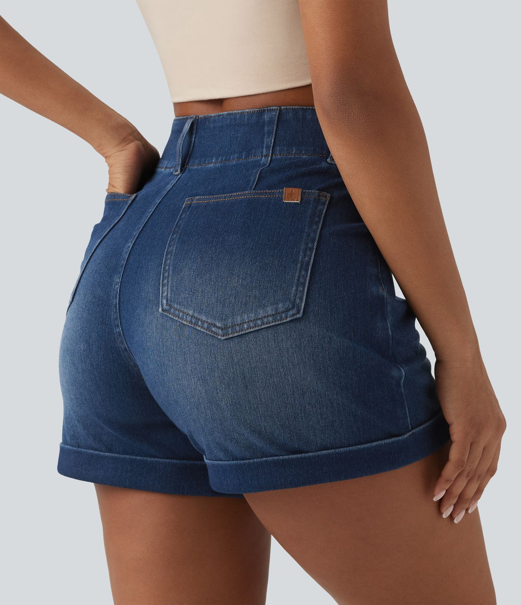 Halara Flex™ Short en jean casual taille haute ourlet roulé 10 cm avec poches