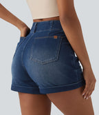 Halara Flex™ Short en jean casual taille haute ourlet roulé 10 cm avec poches