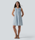 Robe courte sans manches col rond à carreaux aspect lin avec poches