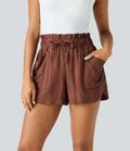Short Casual en Mélange de Lin à Taille Mi-Haute avec Taille Sac Papier Cordon de Serrage Multiples Poches et Ourlet Courbé