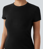 T-shirt décontracté ajusté maille côtelée col rond manches courtes