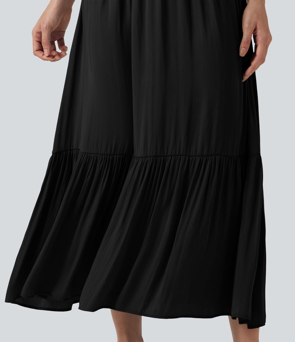 Robe midi décontractée fluide, col V, manches courtes