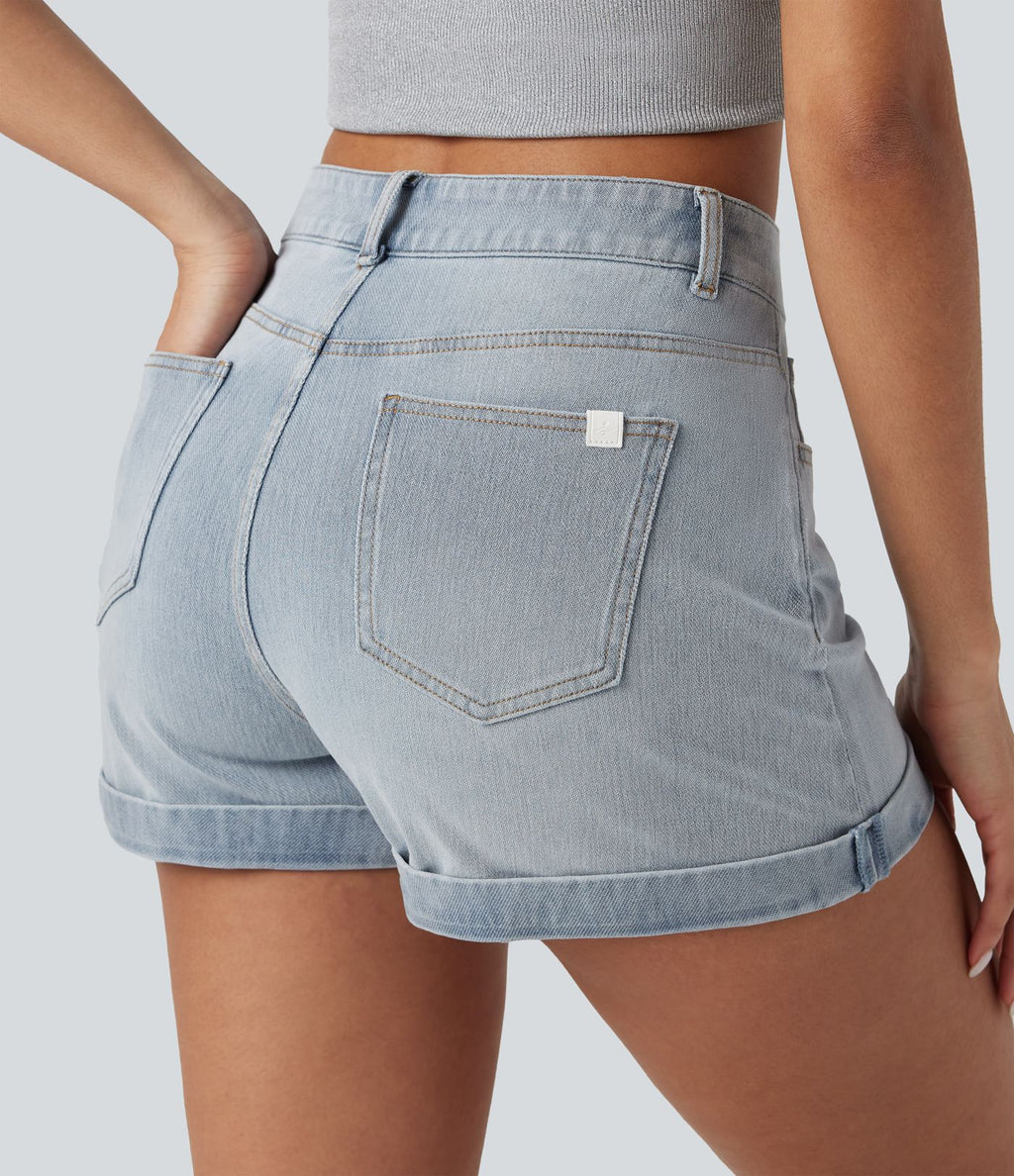 Short 7,5 cm décontracté en jean extensible Halara Flex™ taille moyenne avec boutons, zip et multiples poches