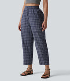 Pantalon décontracté à carreaux froissés taille haute avec poches
