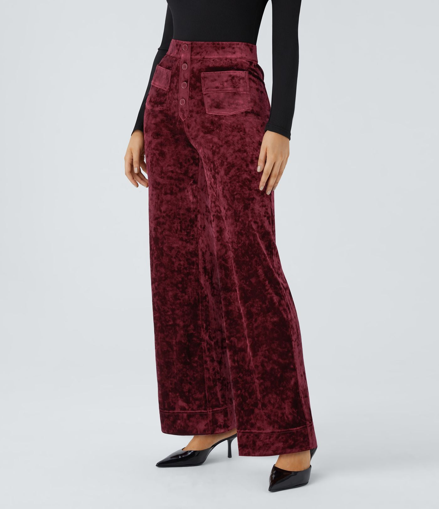 Pantalon en Velours Taille Haute avec Bouton Multipoches Droites