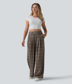 Pantalon large taille haute à carreaux pied-de-poule avec poches