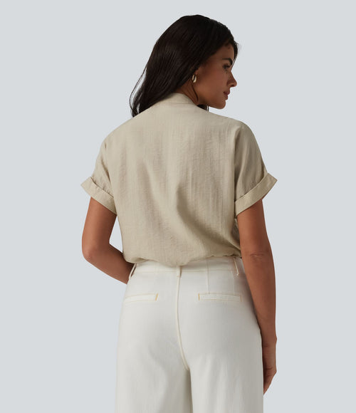 Chemise col V manches courtes aspect lin pour le bureau