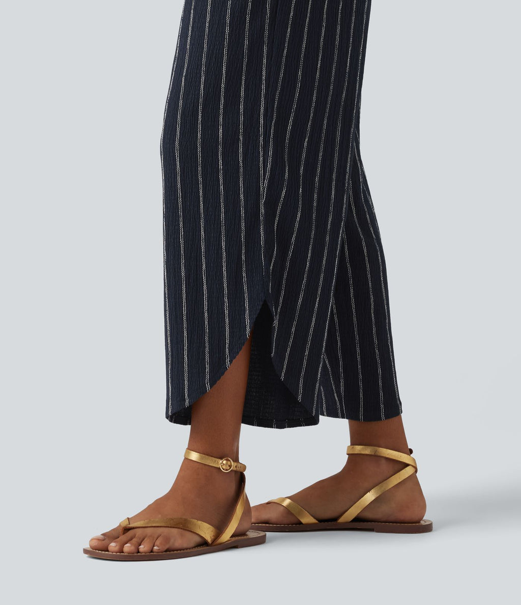 Pantalon rayé taille haute avec ourlet arrondi et poches