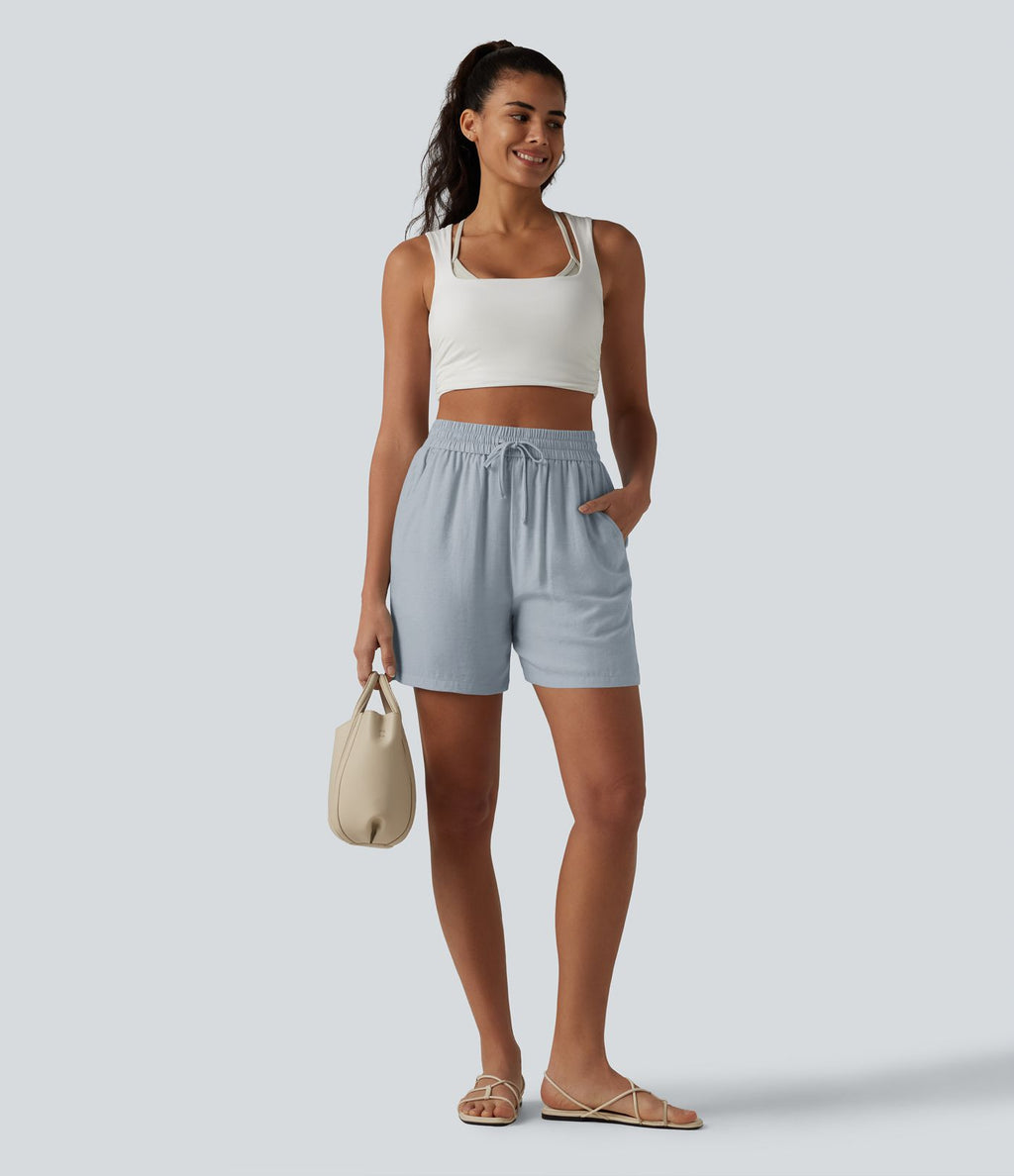 Short décontracté ample en lin mélangé taille haute avec cordon de serrage, 12,5 cm, et poches