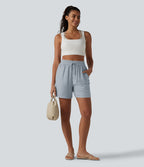 Short décontracté ample en lin mélangé taille haute avec cordon de serrage, 12,5 cm, et poches