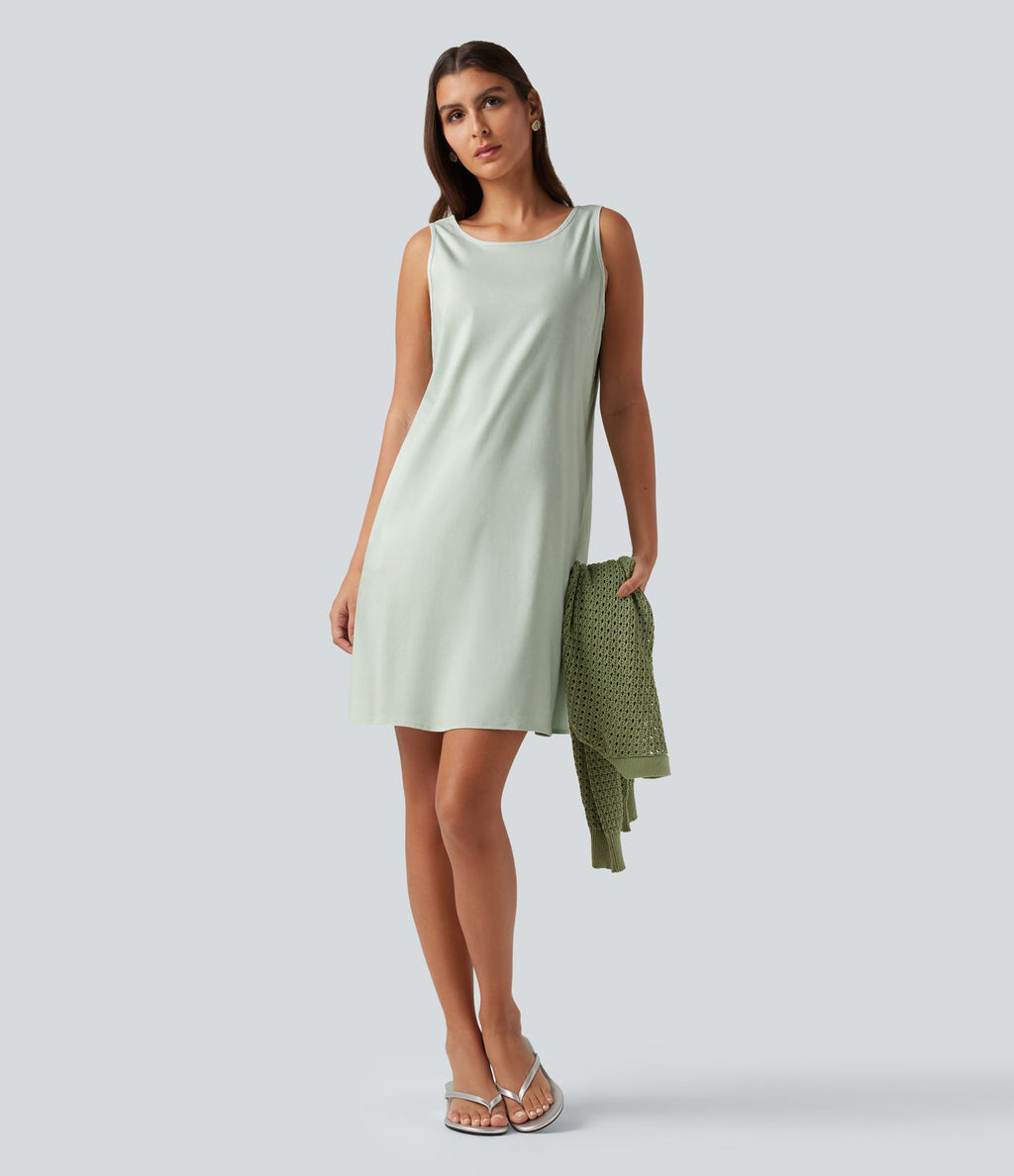 Robe mini sans manches en coton et lin à col rond avec poches
