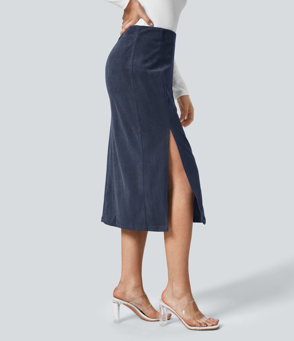 Jupe Casual en Velours Côtelé Mi-longue Taille Haute Fermeture Éclair Invisible et Fente fendue