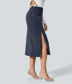 Jupe Casual en Velours Côtelé Mi-longue Taille Haute Fermeture Éclair Invisible et Fente fendue