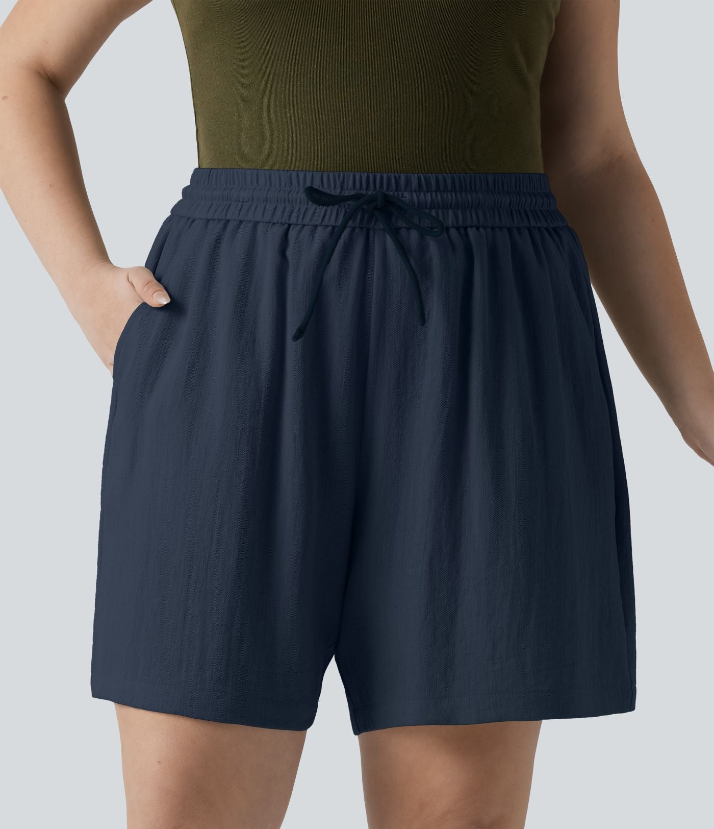 Short casual aspect lin grande taille taille haute avec cordon de serrage et poches