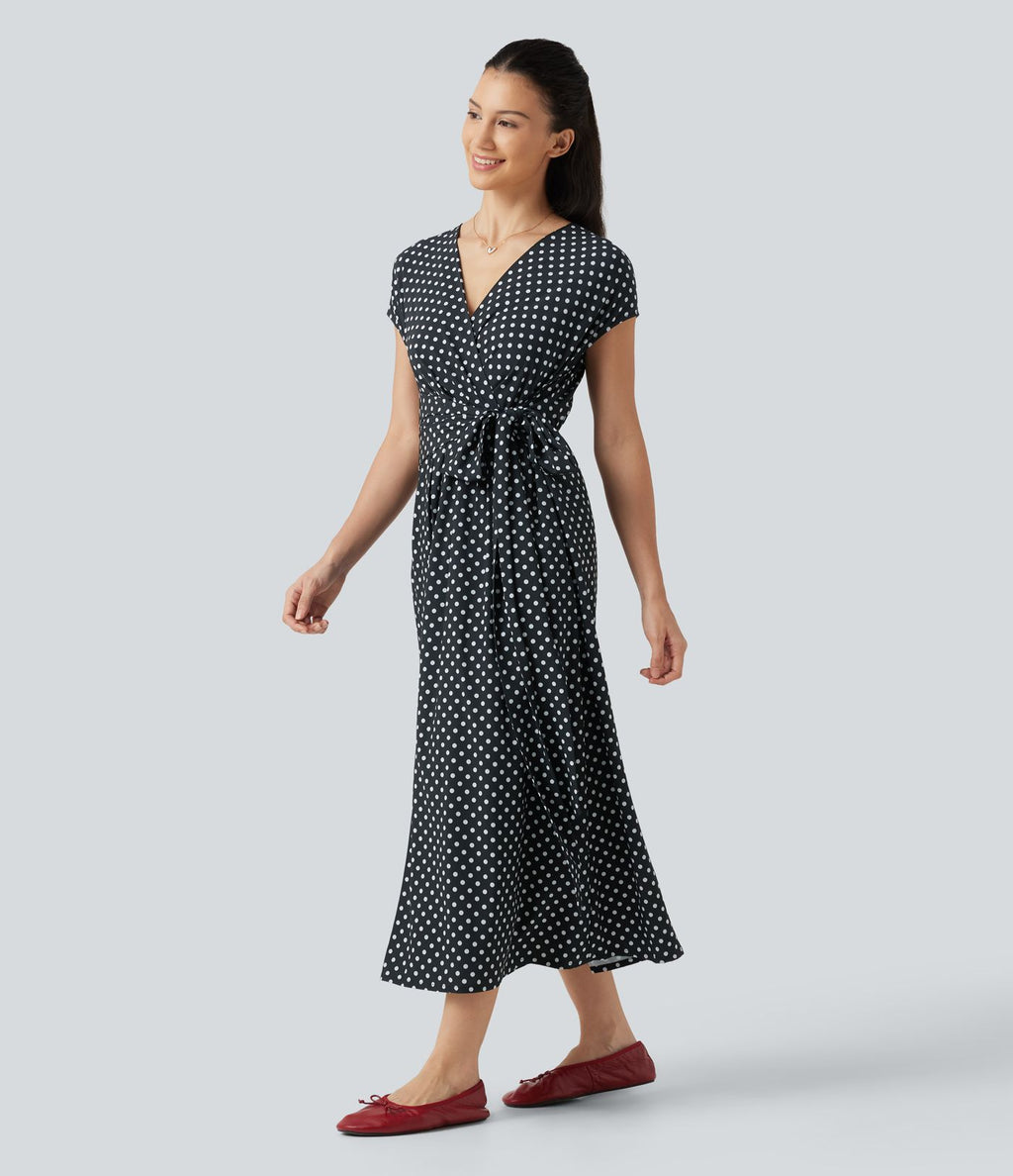 Robe midi à pois col V avec manches courtes, lien côté et poches