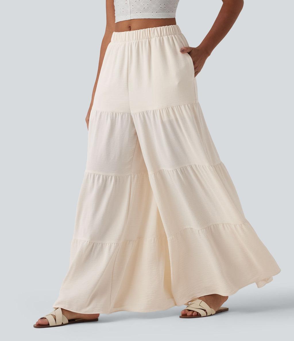 Pantalon large fluide taille haute aspect lin avec poches