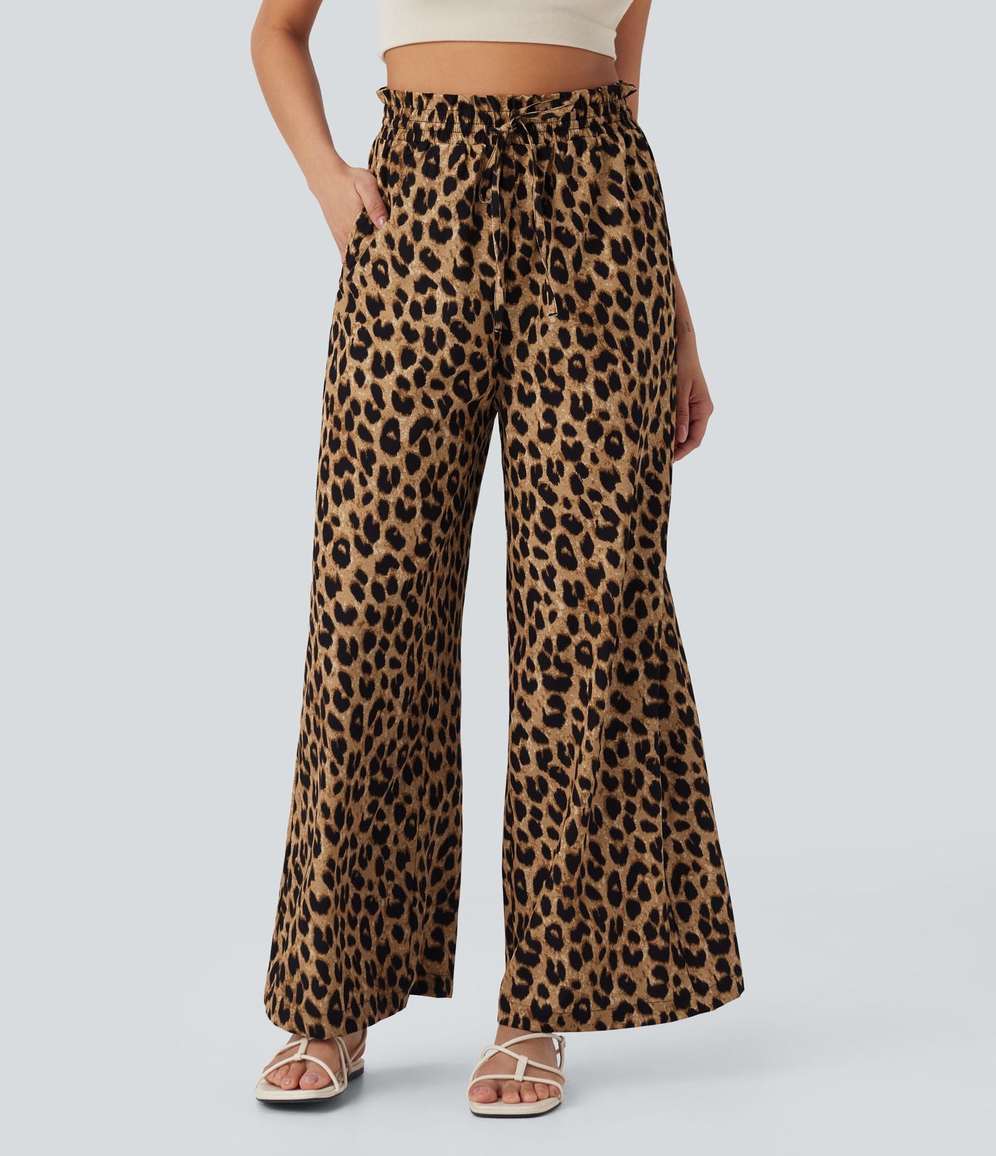 Pantalon large et fluide à imprimé léopard, taille haute avec cordon de serrage et poches latérales