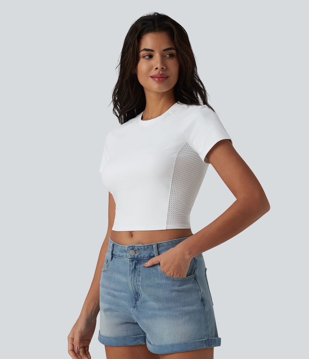 T-shirt casual col rond à manches raglan avec empiècements en mesh respirant