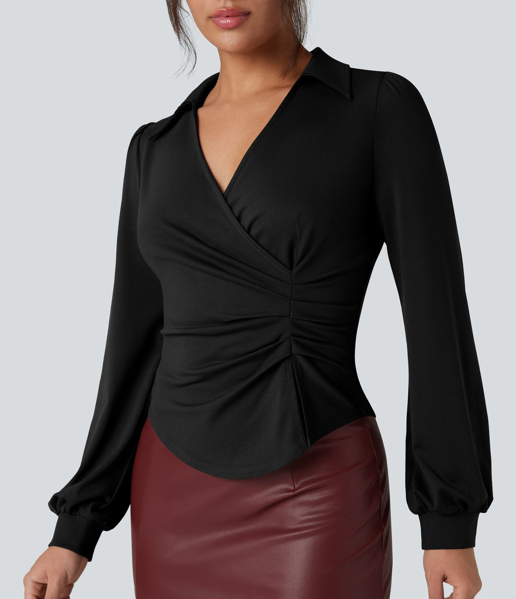 Chemise tailleur froncée asymétrique col V manches longues