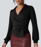 Chemise tailleur froncée asymétrique col V manches longues