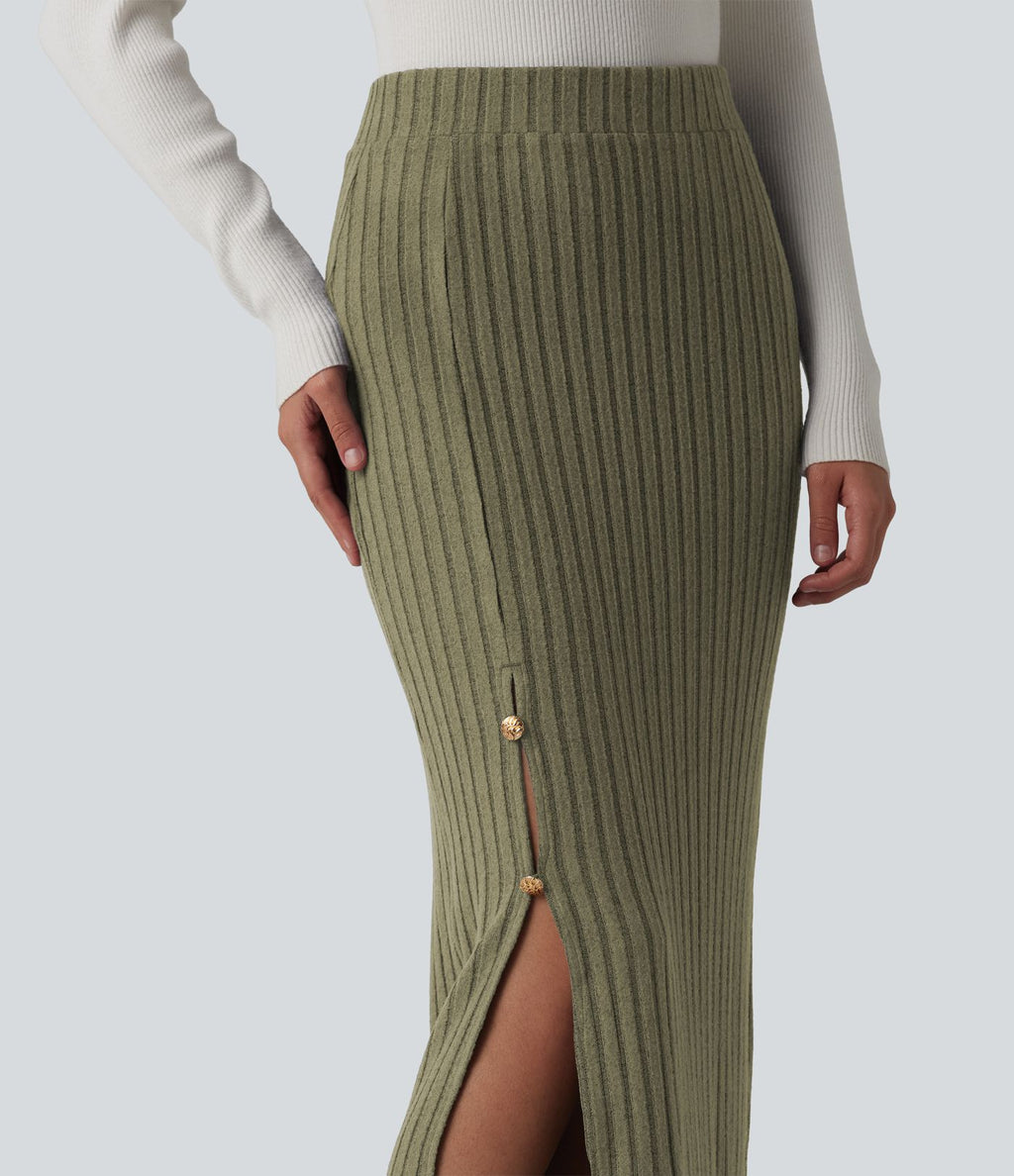 Jupe midi de bureau taille haute en maille côtelée
