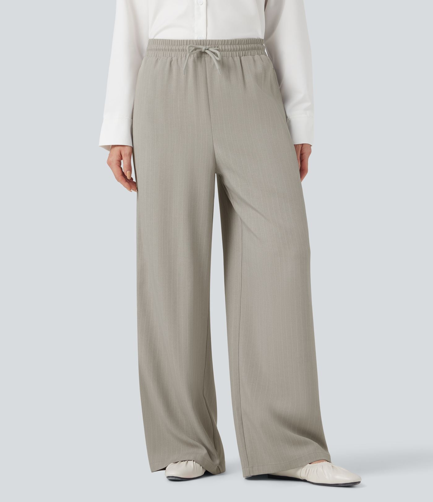 Pantalon décontracté large rayé taille haute avec cordon et poches