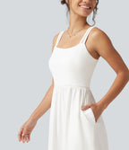 Robe midi fluide de vacances coupe trapèze à col carré avec découpes et poches