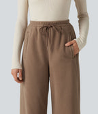 Pantalon large décontracté en polaire taille haute avec cordon de serrage et poches