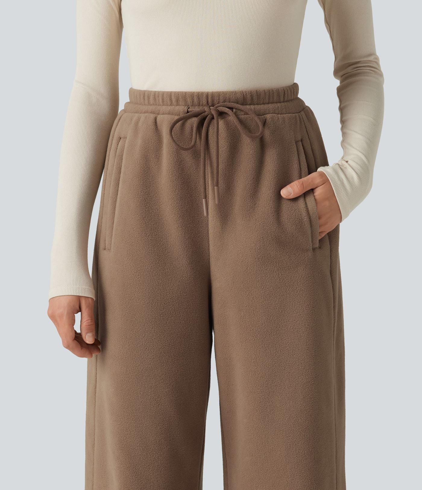 Pantalon large décontracté en polaire taille haute avec cordon de serrage et poches