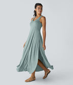 Robe Casual Débardeur Longue Fluide Fendue Dos Nu à Col en U