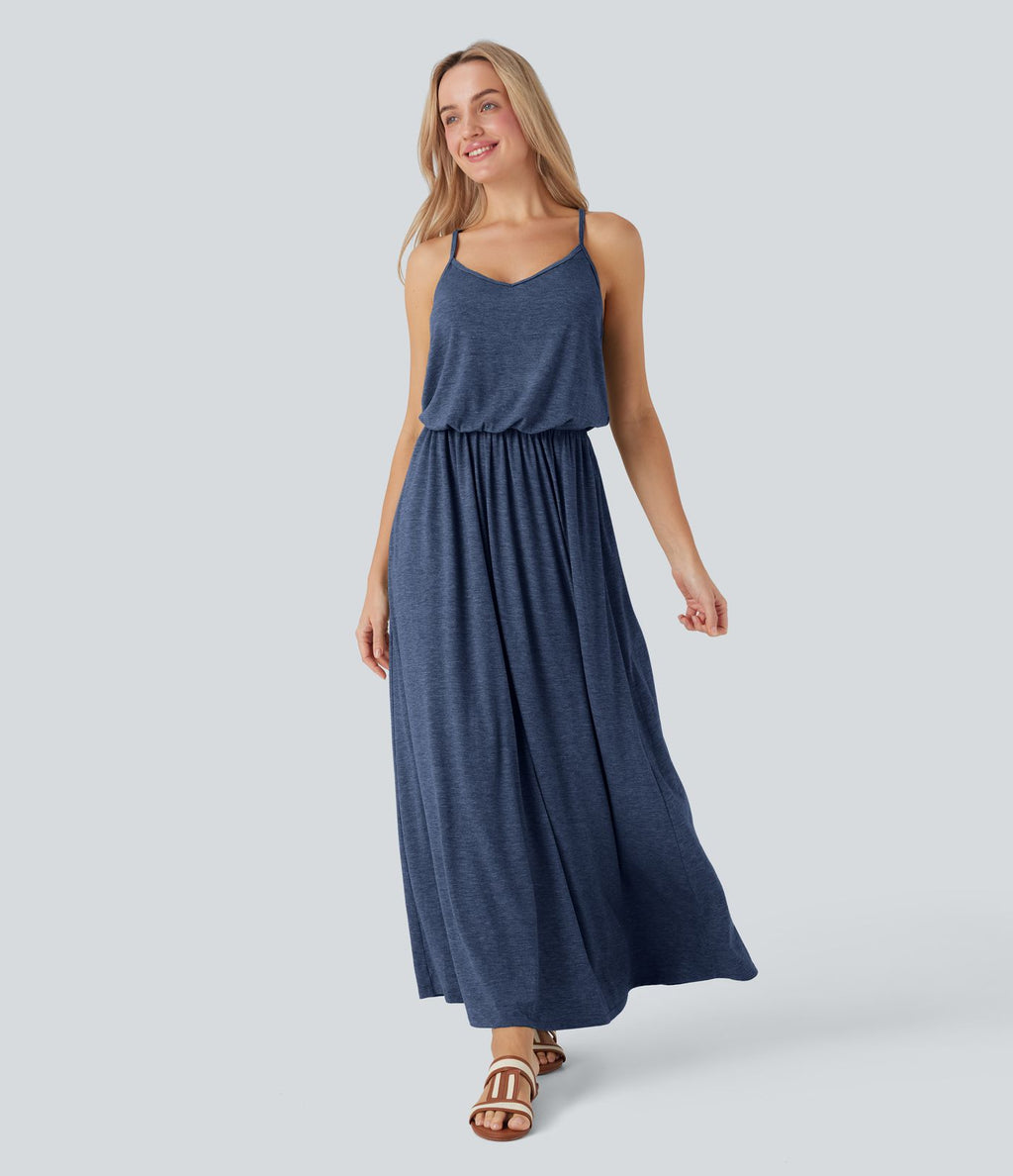 Robe longue fluide type nuisette à bretelles ajustables avec poches