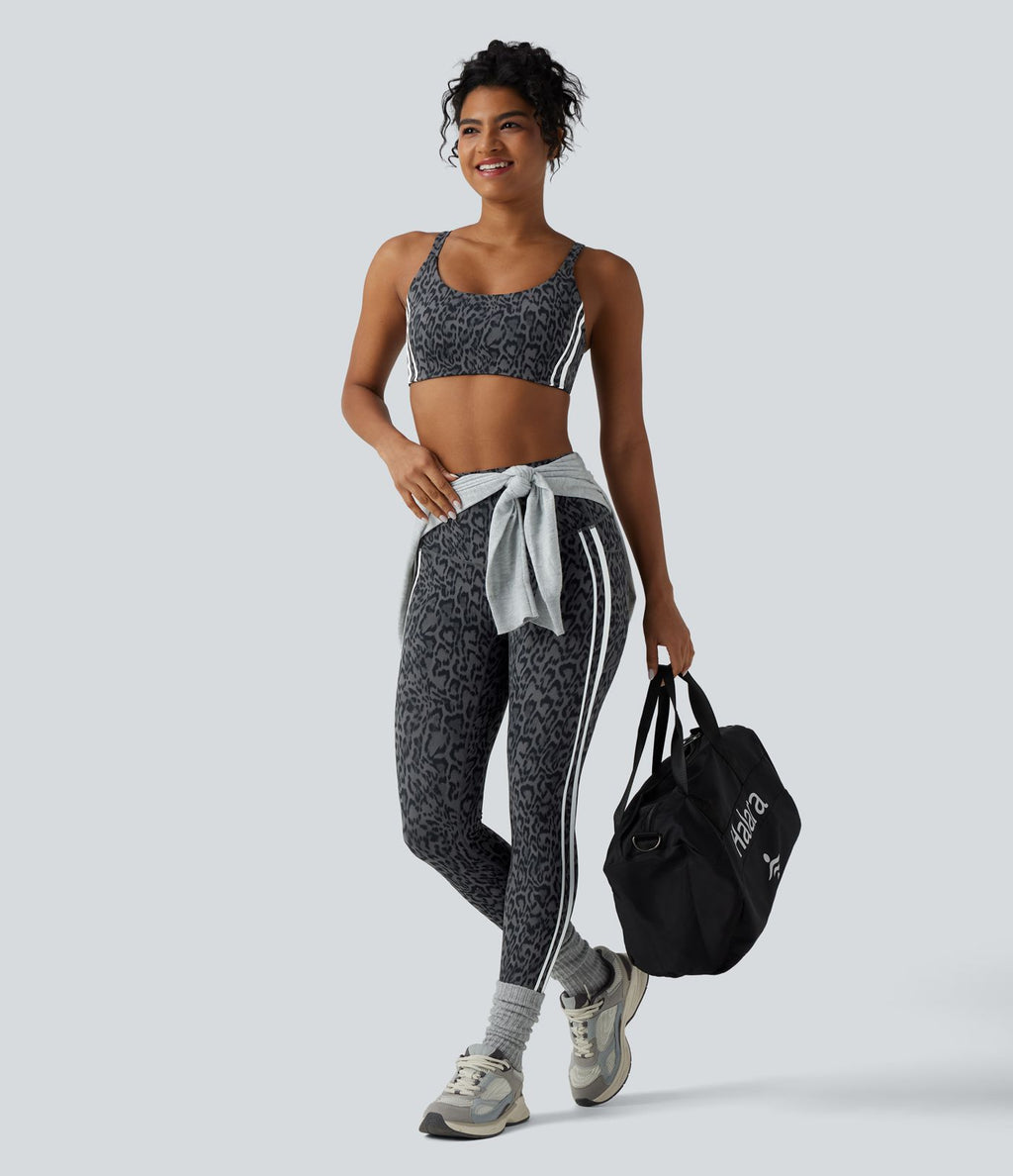 Brassière de sport d'entraînement à maintien moyen imprimé léopard et rayures color block Halara UltraSculpt™