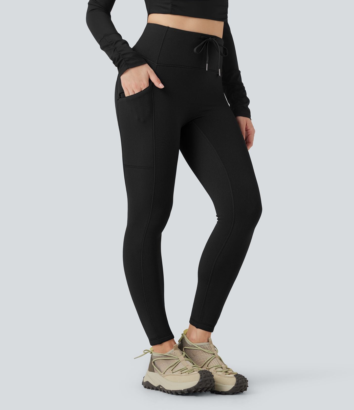 Legging de randonnée 7/8 en molleton taille haute avec cordon et poche