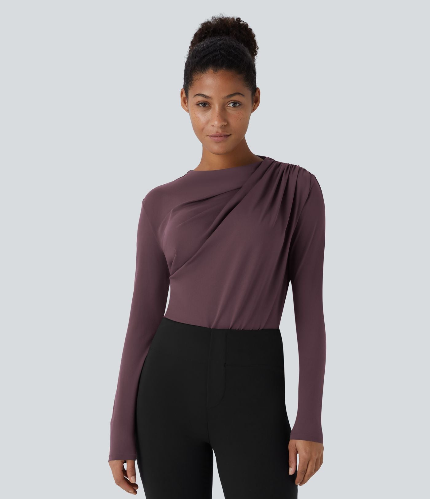 Cowl Neck Ruched Long Sleeve Slim Work Top