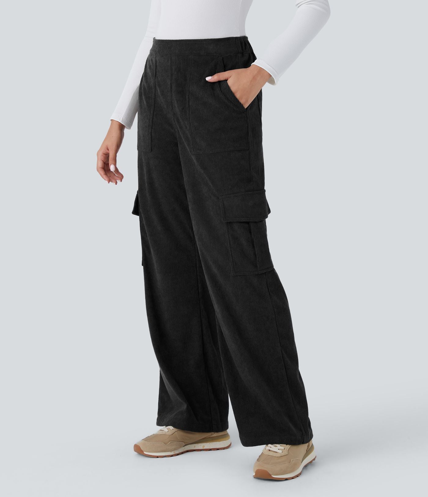 Pantalon cargo décontracté droit en velours côtelé, taille mi-haute, avec poches