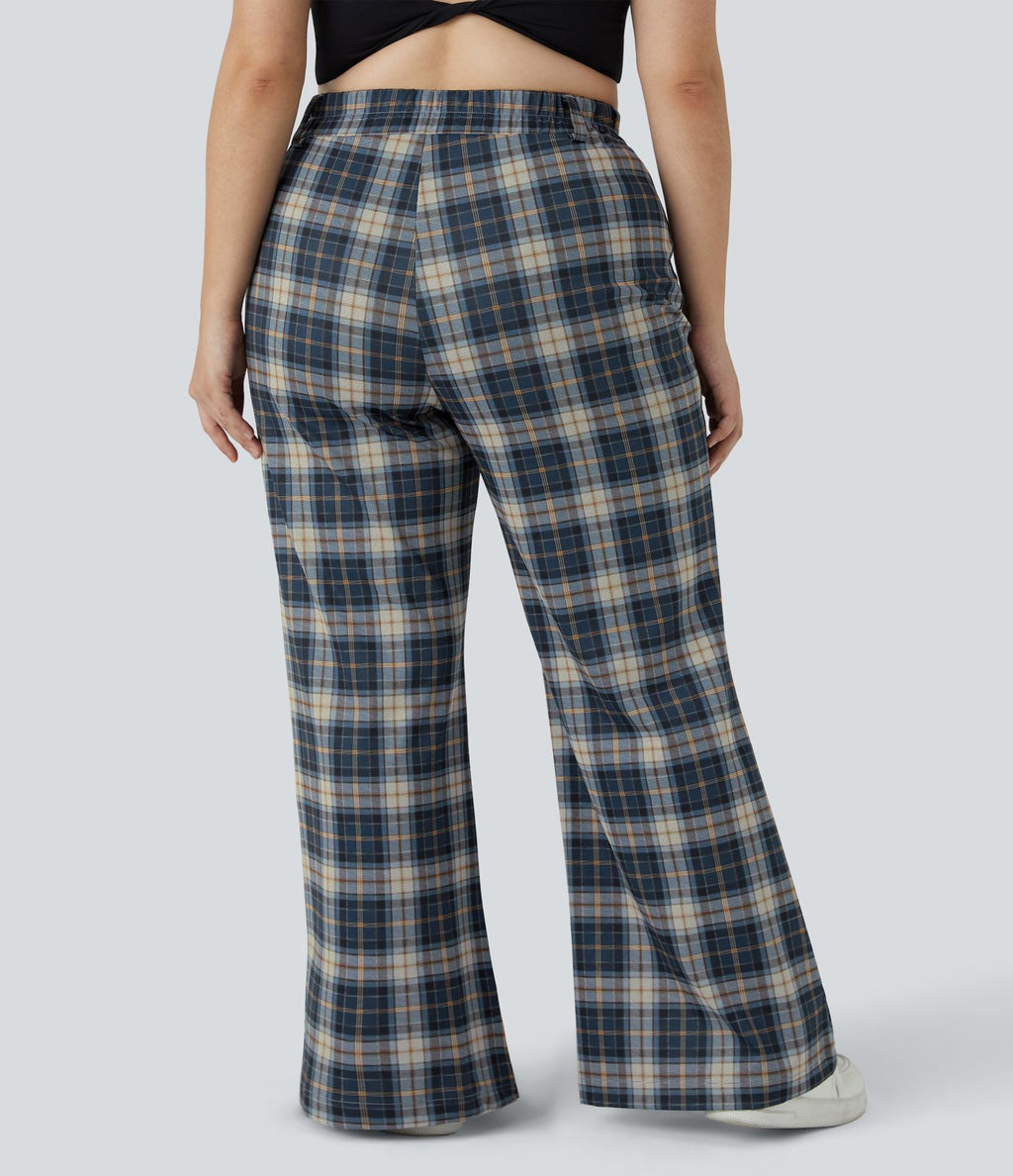 Pantalon Large Casual Taille Haute Carreaux Grande Taille