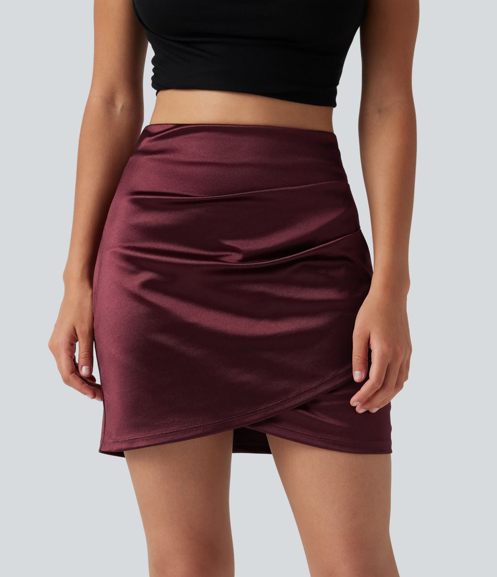 Jupe mini moulante 2-en-1 en satin, taille haute, fronces et ourlet croisé