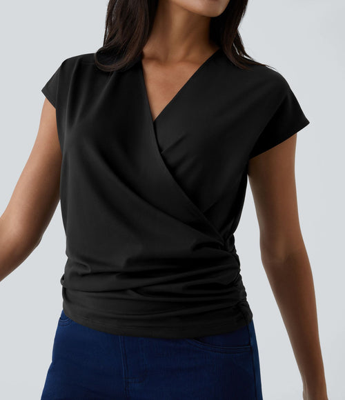 Blouse Travail Unie Froncée Croisée Manches Courtes Col en V
