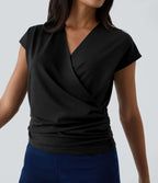 Blouse Travail Unie Froncée Croisée Manches Courtes Col en V
