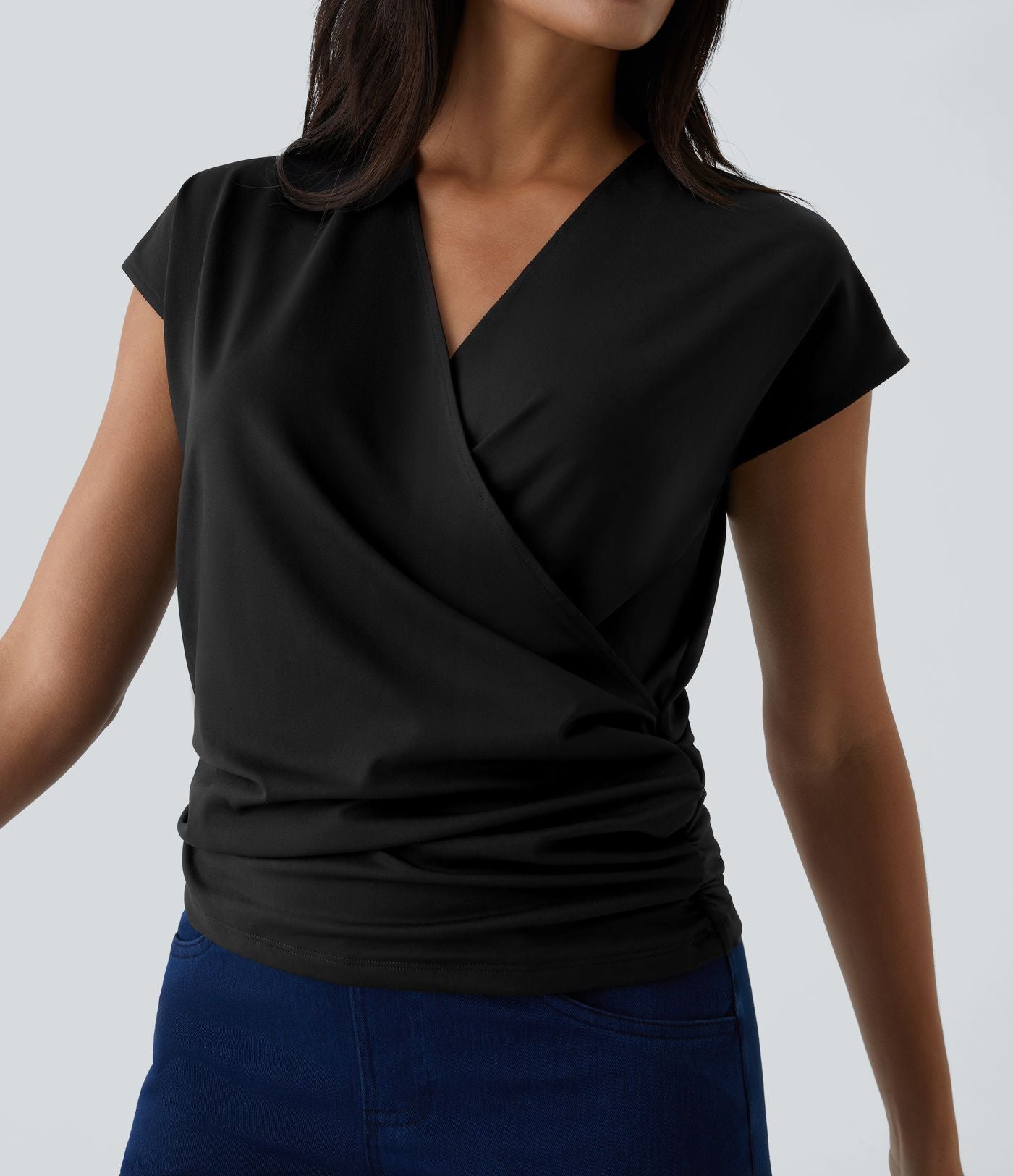 Blouse Travail Unie Froncée Croisée Manches Courtes Col en V