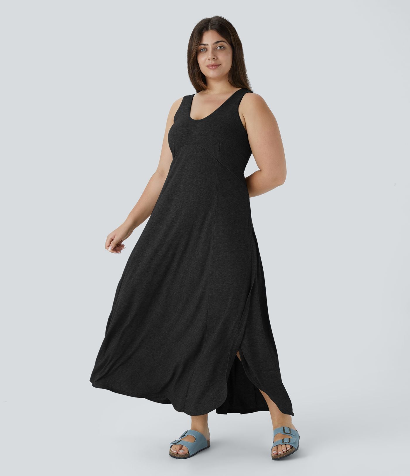 Robe Maxi Casual Grande Taille à Col U Sans Dos Fendue et Fluide