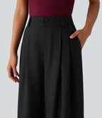 Pantalon tailleur 7/8 large plissé taille haute aspect lin avec poches