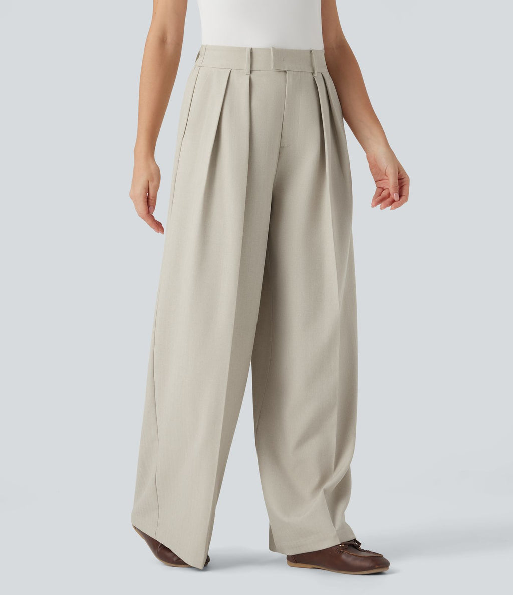Pantalon tailleur anti-froissement aspect lin taille haute jambe large avec poches
