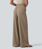Pantalon large casual texturé taille mi-haute avec cordon de serrage et poches – Style resort