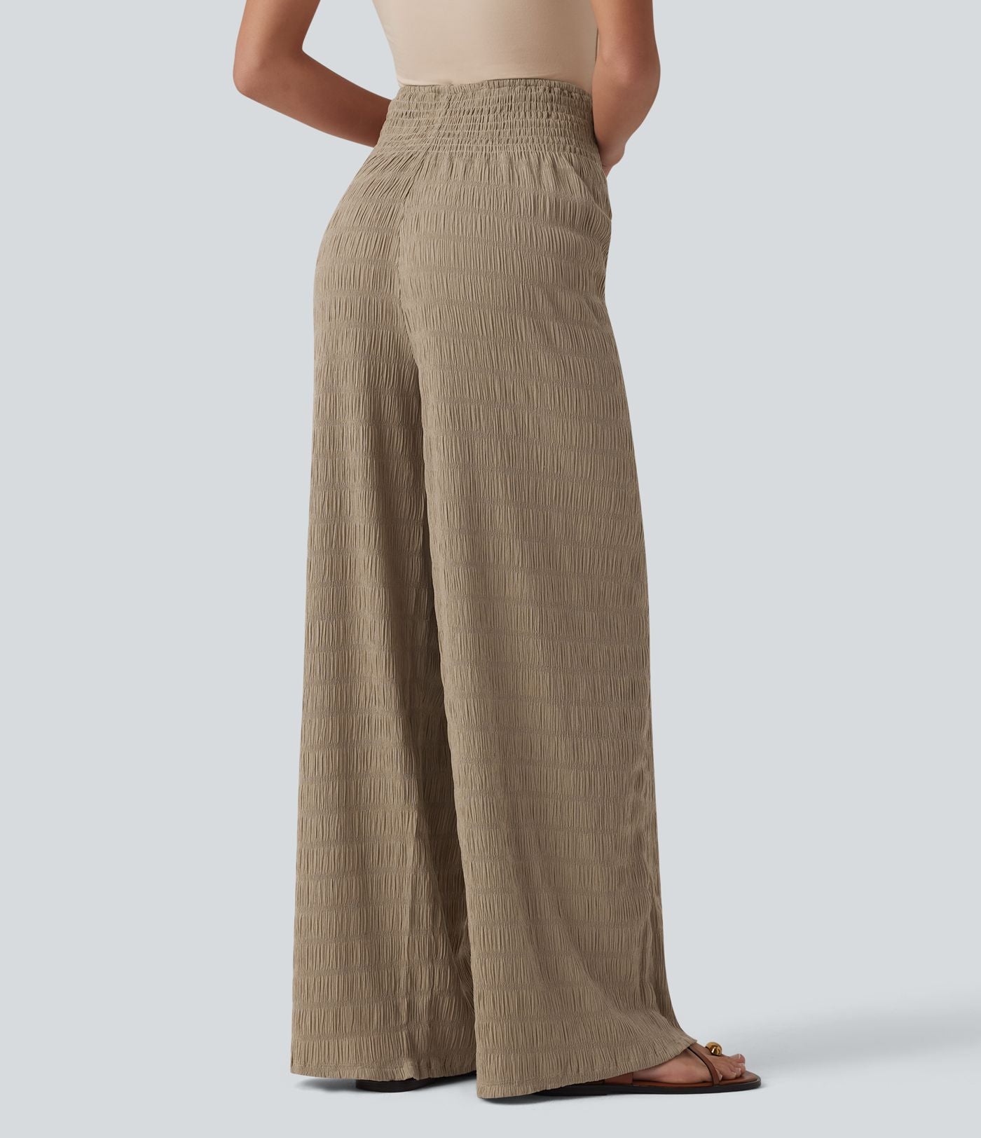 Pantalon large casual texturé taille mi-haute avec cordon de serrage et poches – Style resort