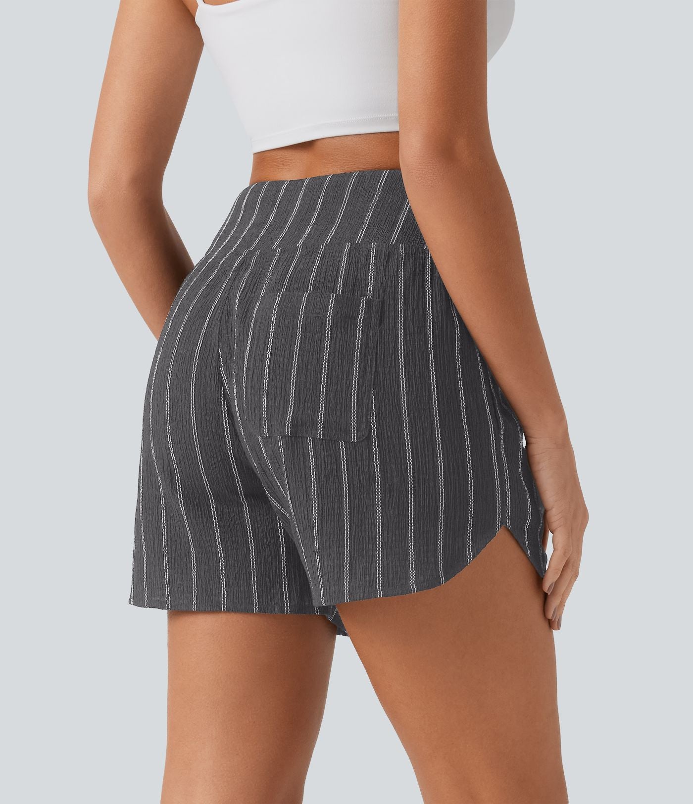 Short casual taille haute ourlet arrondi rayures avec poches
