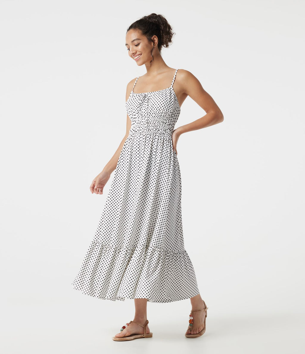 Robe nuisette midi fluide à pois avec lien à nouer à l’avant
