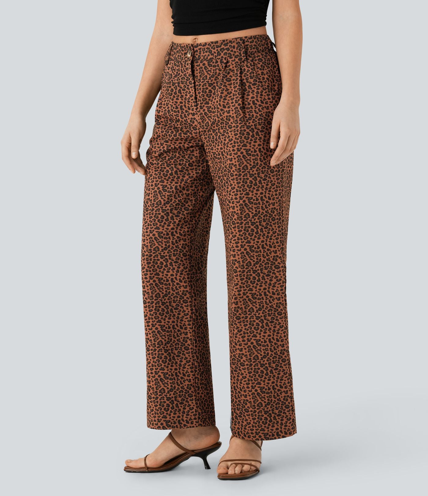 Pantalon décontracté en coton à jambe droite, taille moyenne, imprimé léopard avec poches